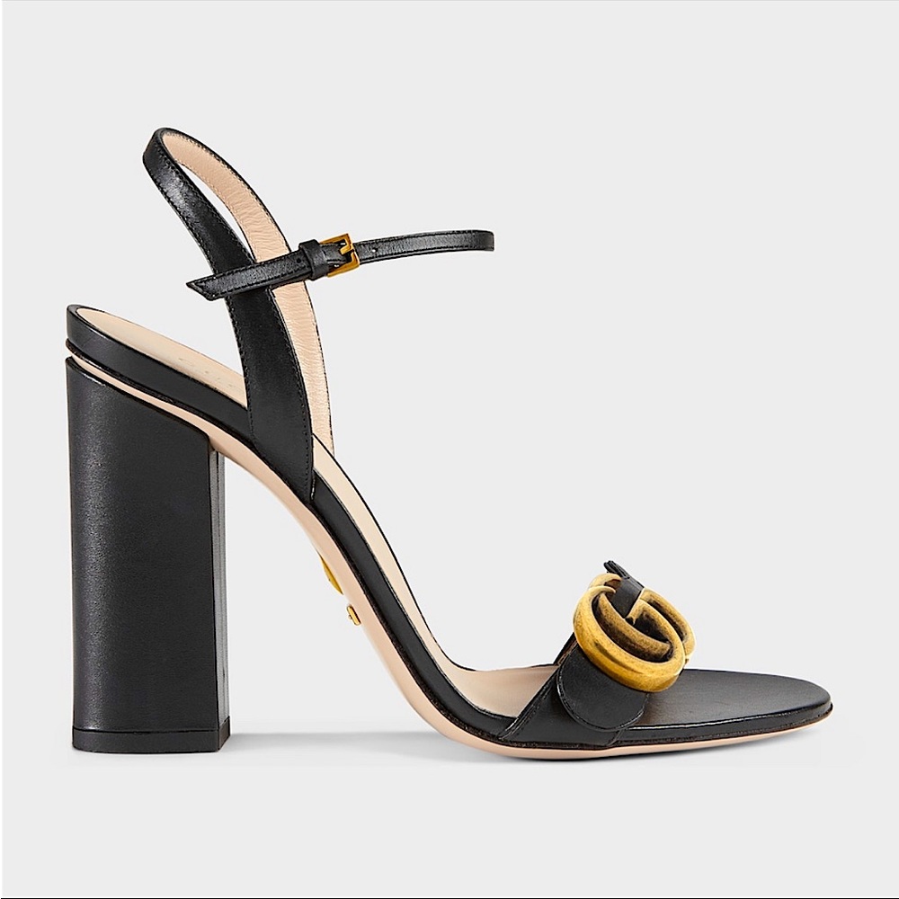 Authentic Gucci Double G gold-toned Black Leather Sandal - High Heel -Women’s 42